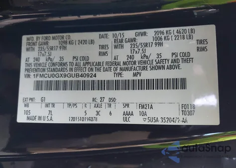 2016 Ford Escape Se from USA, damaged, VIN 1FMCU0GX9GUB40924